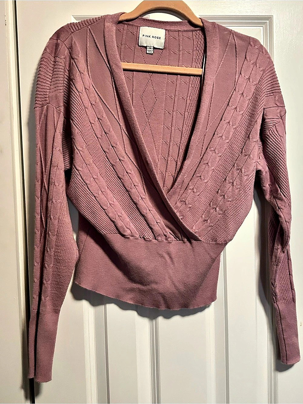 Pink Rose Cable Knit Wrap Front Sweater Size Medium